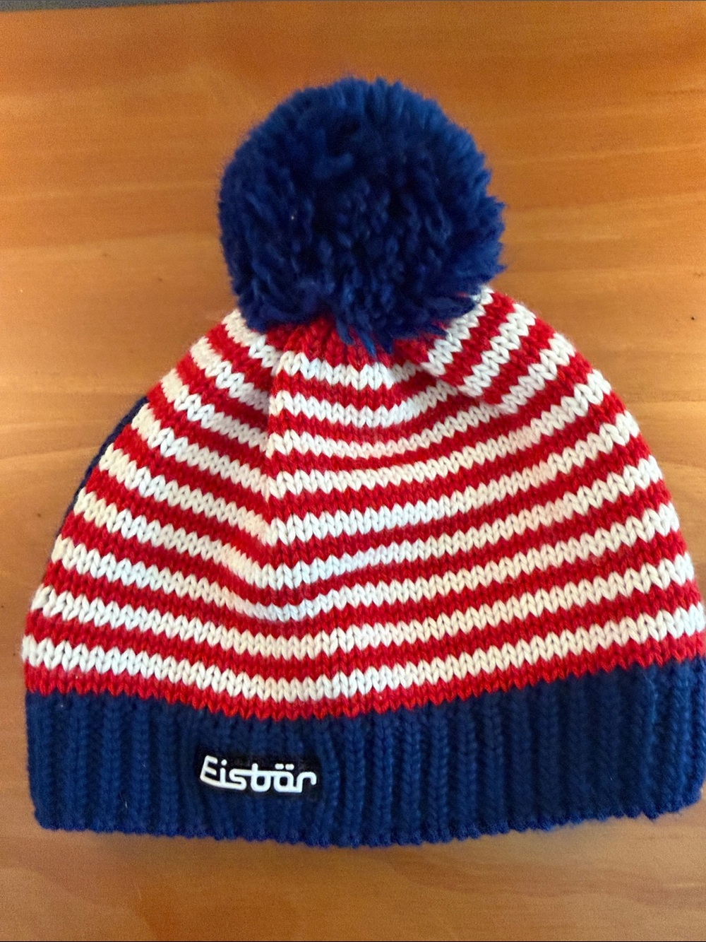 Eisbar Vintage Kids Pom Knit Beanie in Navy, Red & White Stripes Fleece Cuff